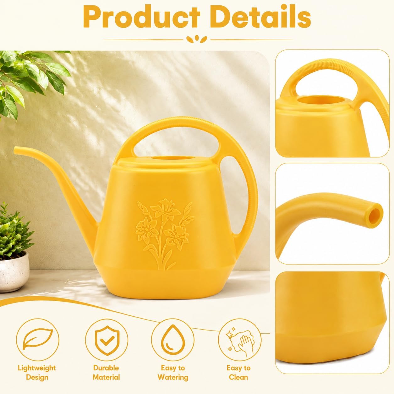 1-Gallon Plastic Watering Can with Comfortable Handle, Garden Watering Cans Long Spout for Indoor Outdoor Watering Plants, Yellow