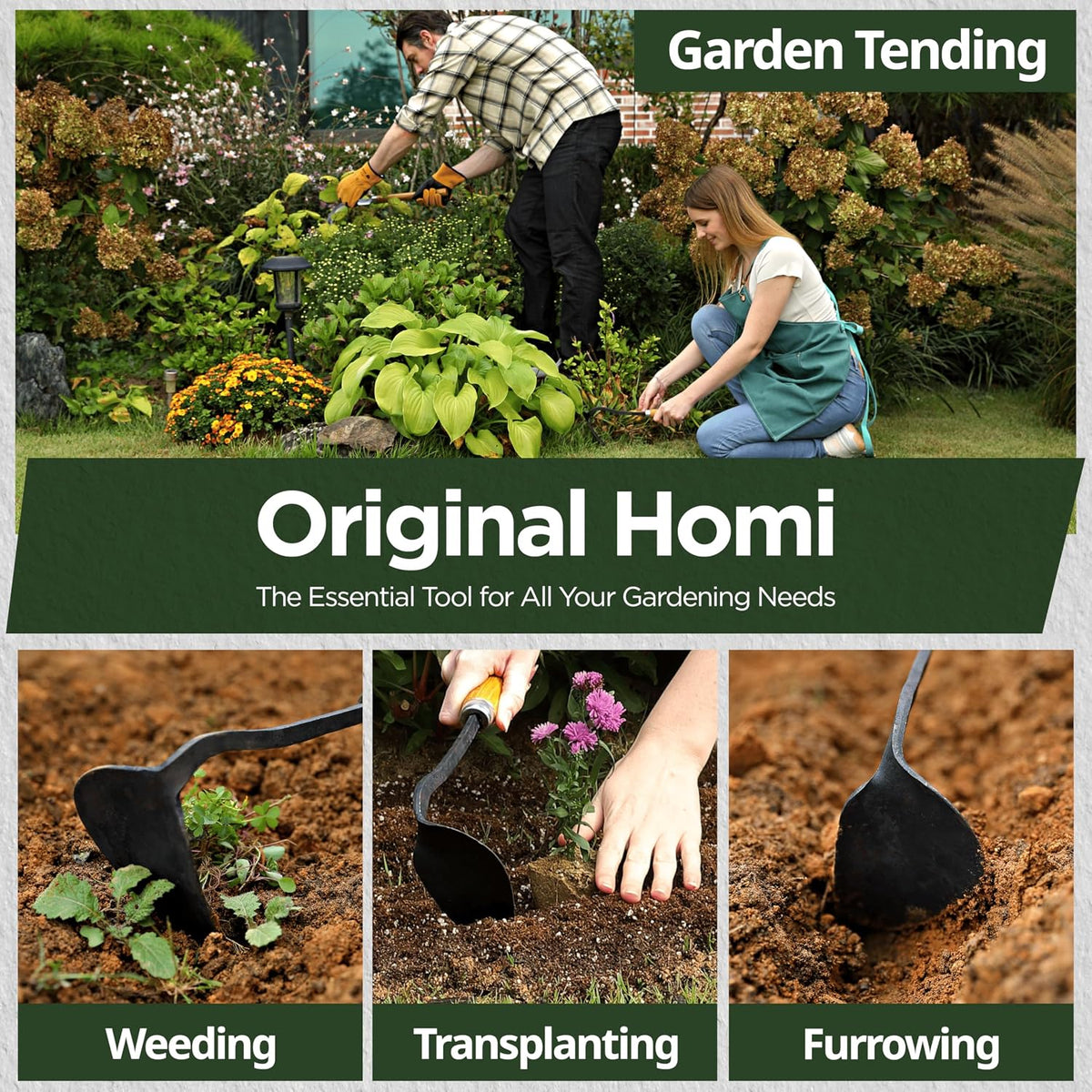 Original Homi Hand Hoe - Traditional Handmade Korean Garden Tool for Weeding Digging & Planting with Forged Steel & Chestnut and Acacia Wood Handle