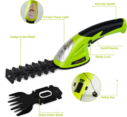 Cordless Grass Shear & Shrubbery Trimmer - 7.2V 2 in 1 Handheld Hedge Trimmer Electric Grass Trimmer Hedge Shears w/Pruning Scissor Rechargeable Lithium-Ion Battery and Charger Included