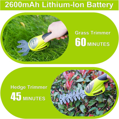 Cordless Grass Shear & Shrubbery Trimmer - 7.2V 2 in 1 Handheld Hedge Trimmer Electric Grass Trimmer Hedge Shears w/Pruning Scissor Rechargeable Lithium-Ion Battery and Charger Included