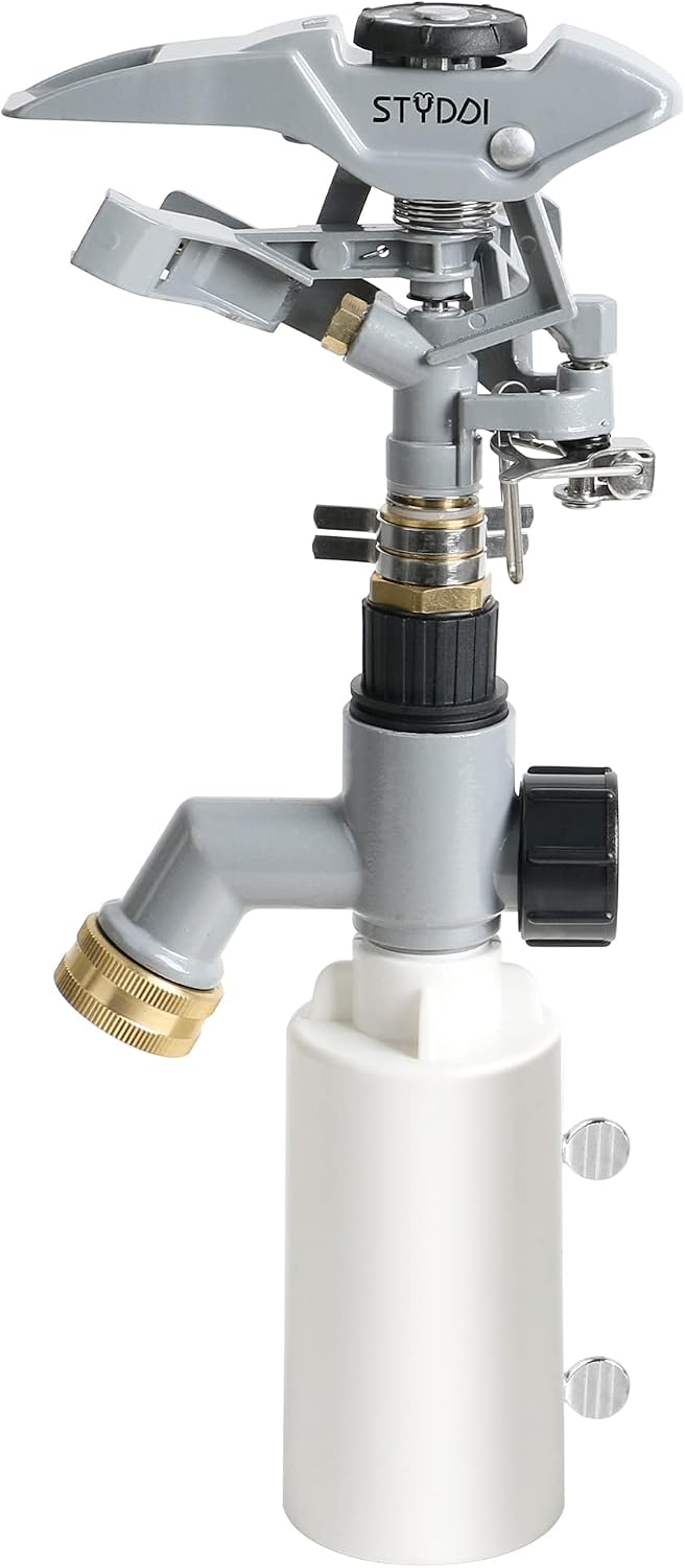 T-Post Fence Sprinkler, Metal Impact Sprinkler Head on Fence T-Post Base with Flow Through, Irrigation Zinc-Alloy Adjustable T-Post Impulse Sprinkler
