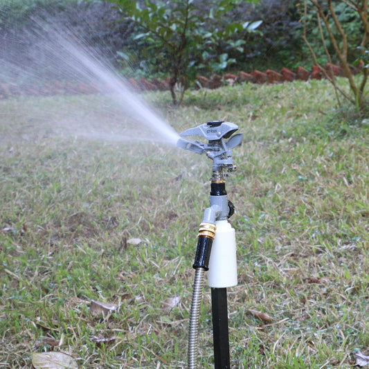 T-Post Fence Sprinkler, Metal Impact Sprinkler Head on Fence T-Post Base with Flow Through, Irrigation Zinc-Alloy Adjustable T-Post Impulse Sprinkler