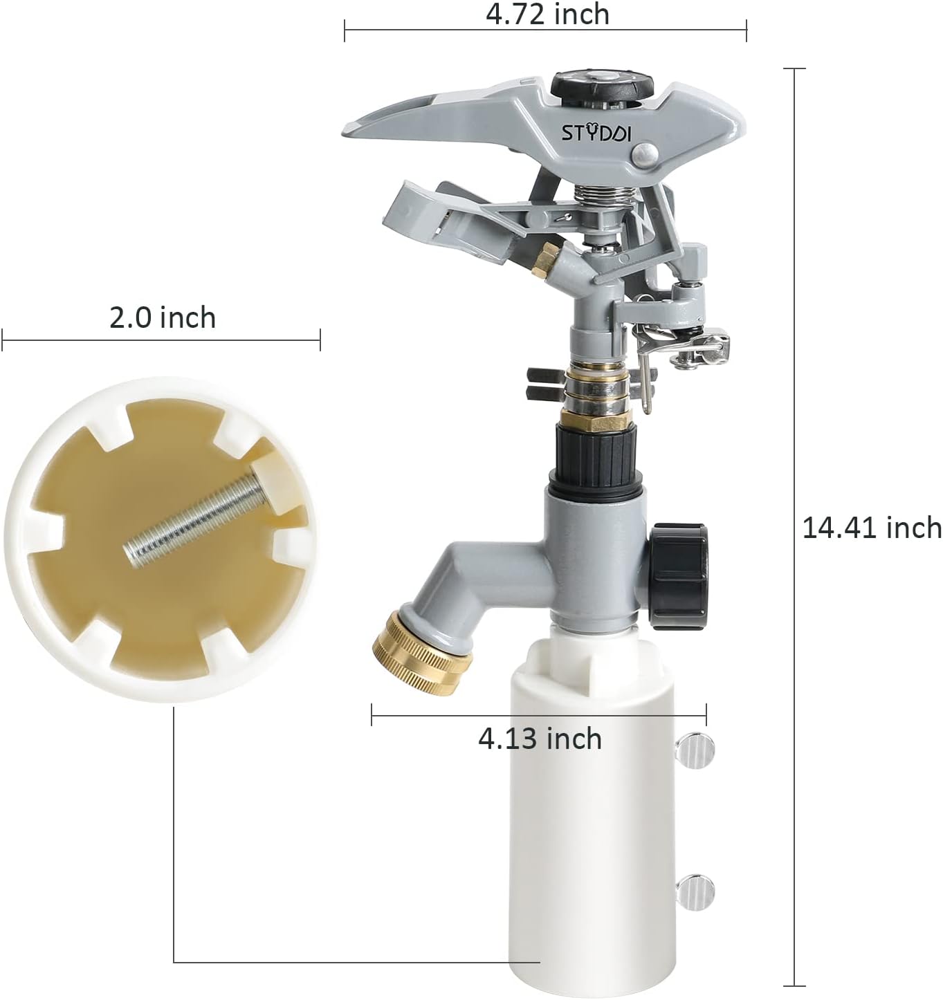 T-Post Fence Sprinkler, Metal Impact Sprinkler Head on Fence T-Post Base with Flow Through, Irrigation Zinc-Alloy Adjustable T-Post Impulse Sprinkler
