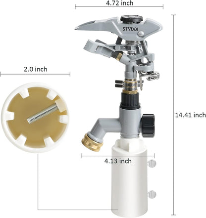 T-Post Fence Sprinkler, Metal Impact Sprinkler Head on Fence T-Post Base with Flow Through, Irrigation Zinc-Alloy Adjustable T-Post Impulse Sprinkler