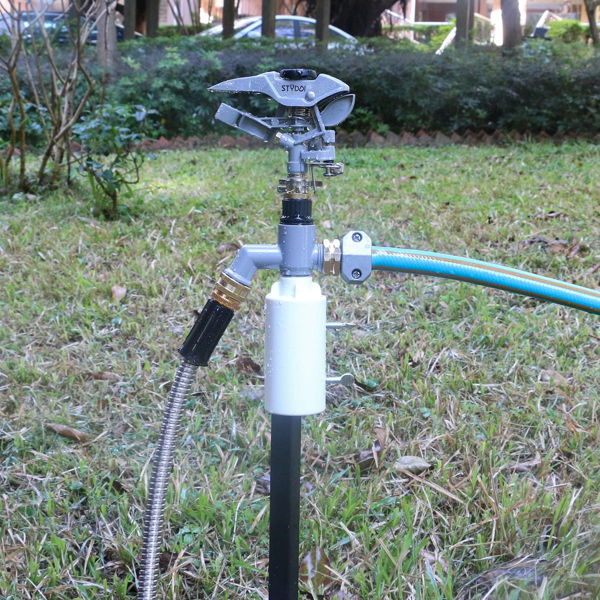 T-Post Fence Sprinkler, Metal Impact Sprinkler Head on Fence T-Post Base with Flow Through, Irrigation Zinc-Alloy Adjustable T-Post Impulse Sprinkler