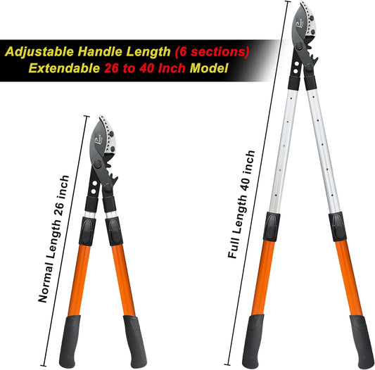 Loppers for Tree Trimming Heavy Duty, 26-40 Inch Handle Telescopic Tree Trimmer, Sync Drive Leverage Pruner, 2 Inch Branch Cutter