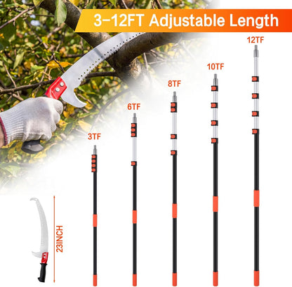 20FT Pole Saw for Tree Trimming, Manual Telescoping Tree Pruner with 3–12FT Extension Pole, Long Reach Hand Saw for Ground Cutting in Yard, Garden & Patio