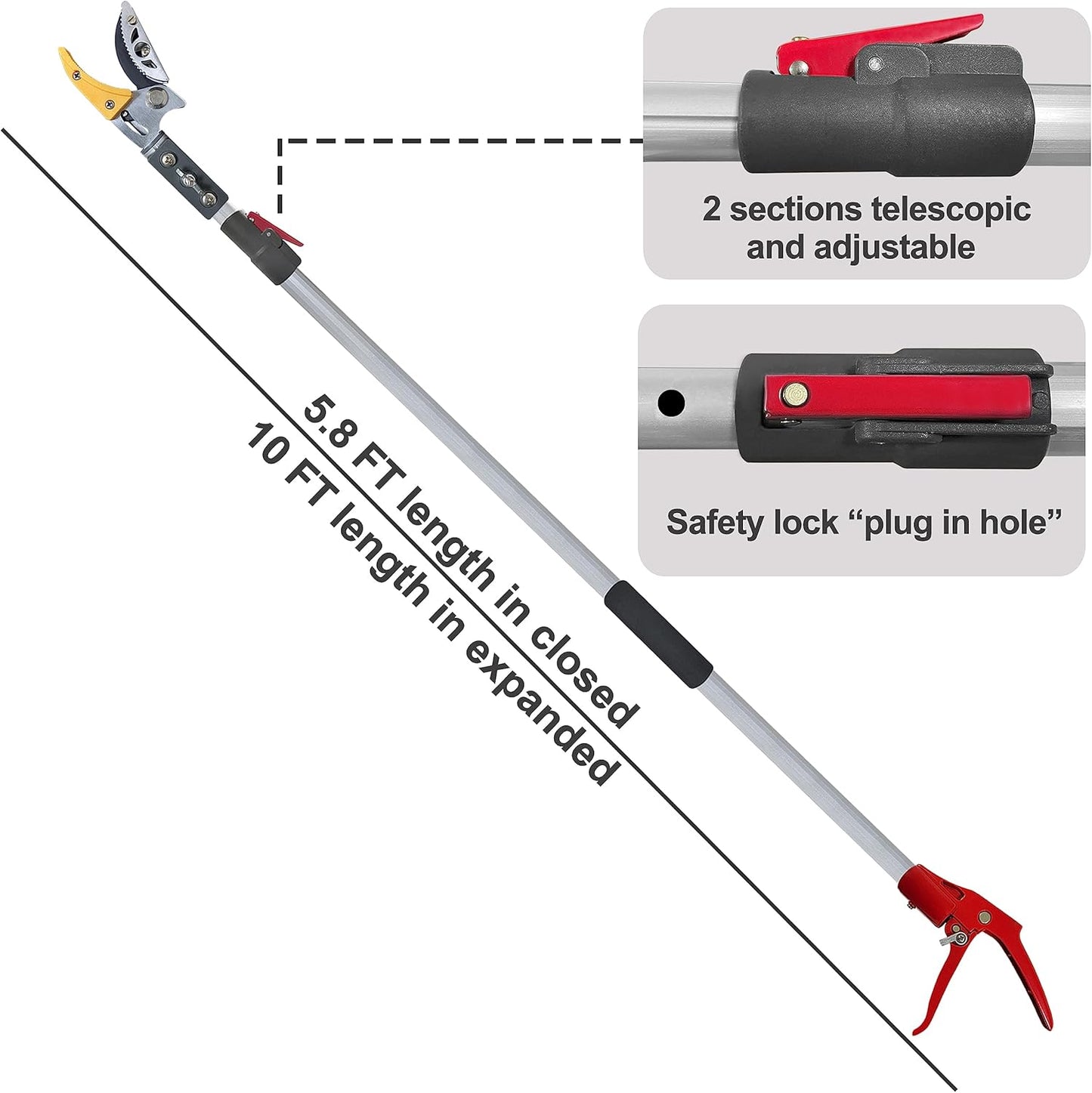 Telescopic Tree Trimmer 5.8-10 FT with 2 Section, 4 Node Adjustable, Cut and Hold Pruner, Pole Saw Extendable, Long Handle Fruit Picker, Branch Cutter, Loppers, Clippers With Hook