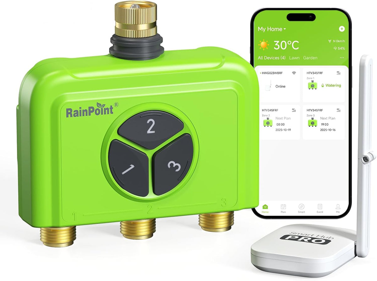 3 Zone WiFi Water Timer with Smart Gateway, Brass Inlet/Outlet WiFi Sprinkler Timer, Voice Control, Smart Watering System by Time/Weather/Quantity/Soil Moisture, (Green, 3 Zone)