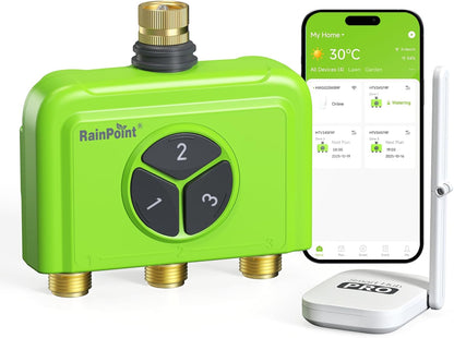 3 Zone WiFi Water Timer with Smart Gateway, Brass Inlet/Outlet WiFi Sprinkler Timer, Voice Control, Smart Watering System by Time/Weather/Quantity/Soil Moisture, (Green, 3 Zone)