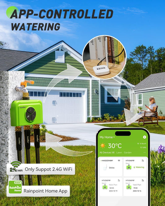 3 Zone WiFi Water Timer with Smart Gateway, Brass Inlet/Outlet WiFi Sprinkler Timer, Voice Control, Smart Watering System by Time/Weather/Quantity/Soil Moisture, (Green, 3 Zone)