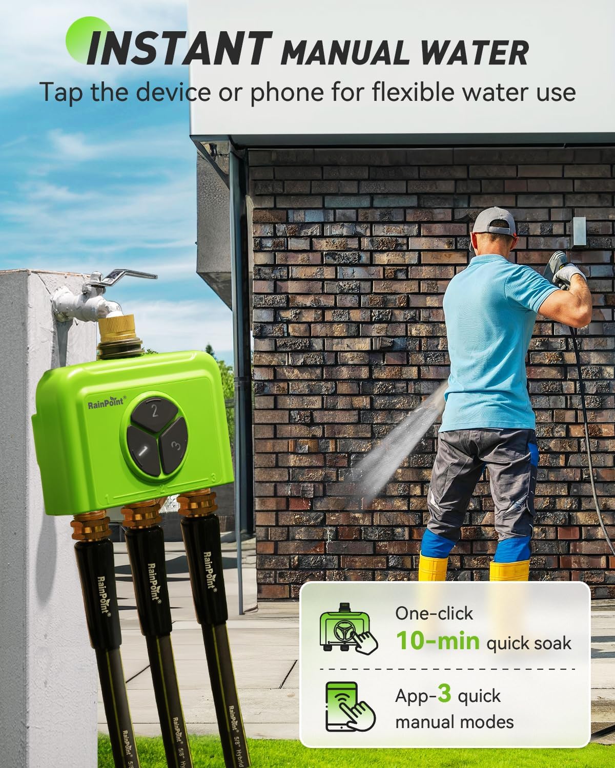 3 Zone WiFi Water Timer with Smart Gateway, Brass Inlet/Outlet WiFi Sprinkler Timer, Voice Control, Smart Watering System by Time/Weather/Quantity/Soil Moisture, (Green, 3 Zone)