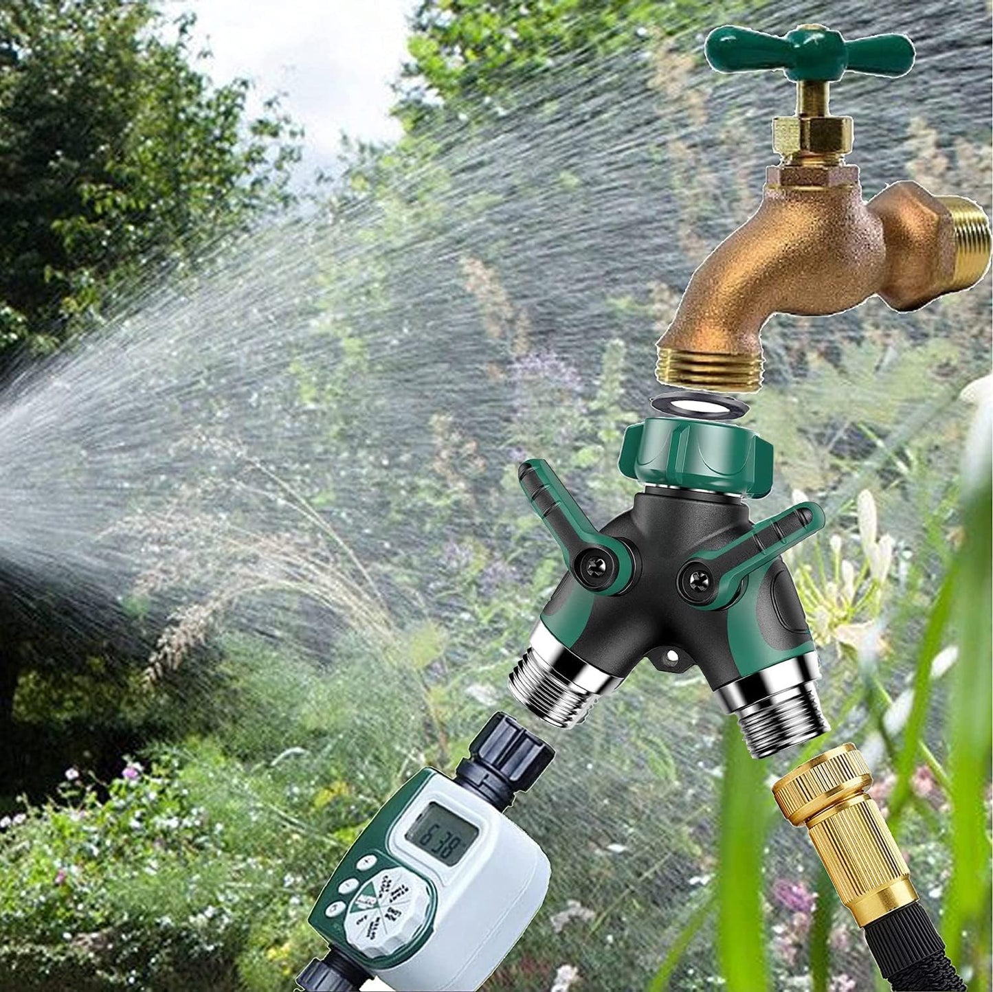 Garden Hose Splitter 2 Way - Water Hose Splitter with Long Handle Garden Hose Shut off Valve Double Y Connector Faucet Splitter Hose Connector