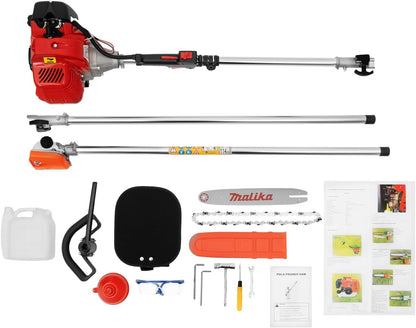 42.7CC 2 Stroke Gas Pole Saw, Powerful Pruner Chainsaw for Tree Trimming Trimmer with Extendable Long Reach Pole Chain Saw Bush Cutter 12'' Blade