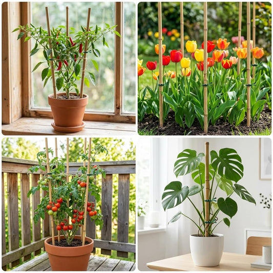 Plant Stakes Natural Bamboo Sticks - 25 Pcs Bamboo Garden Stakes for Plants 18 Inches Plant Support Sticks with Twist Ties for Tomatoes Beans Orchid Flowers Indoor Outdoor Potted Climbing Plants