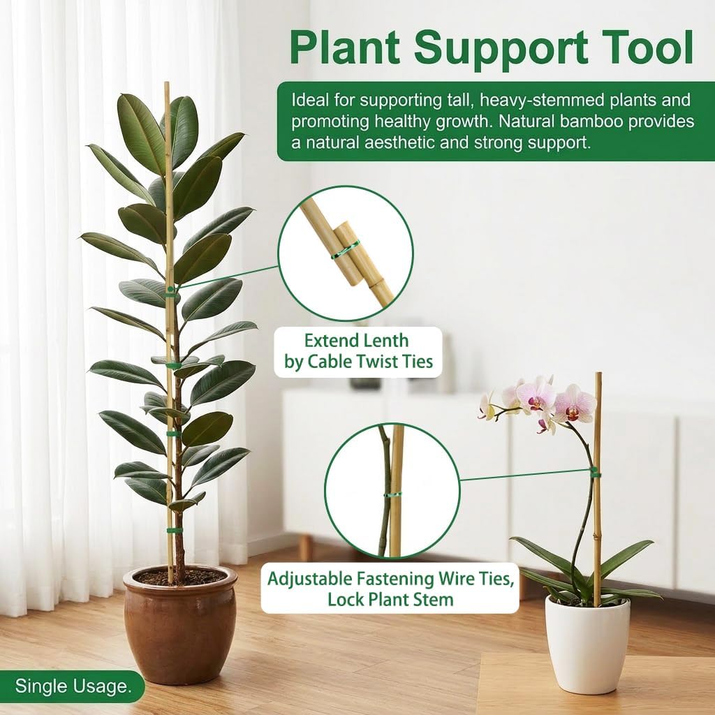 Plant Stakes Natural Bamboo Sticks - 25 Pcs Bamboo Garden Stakes for Plants 18 Inches Plant Support Sticks with Twist Ties for Tomatoes Beans Orchid Flowers Indoor Outdoor Potted Climbing Plants