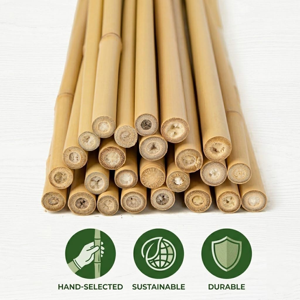 Plant Stakes Natural Bamboo Sticks - 25 Pcs Bamboo Garden Stakes for Plants 18 Inches Plant Support Sticks with Twist Ties for Tomatoes Beans Orchid Flowers Indoor Outdoor Potted Climbing Plants