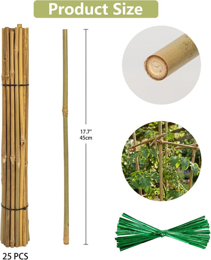 Plant Stakes Natural Bamboo Sticks - 25 Pcs Bamboo Garden Stakes for Plants 18 Inches Plant Support Sticks with Twist Ties for Tomatoes Beans Orchid Flowers Indoor Outdoor Potted Climbing Plants