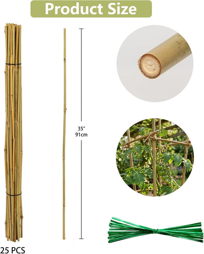 Plant Stakes Natural Bamboo Sticks - 25 Pcs Bamboo Garden Stakes for Plants 18 Inches Plant Support Sticks with Twist Ties for Tomatoes Beans Orchid Flowers Indoor Outdoor Potted Climbing Plants