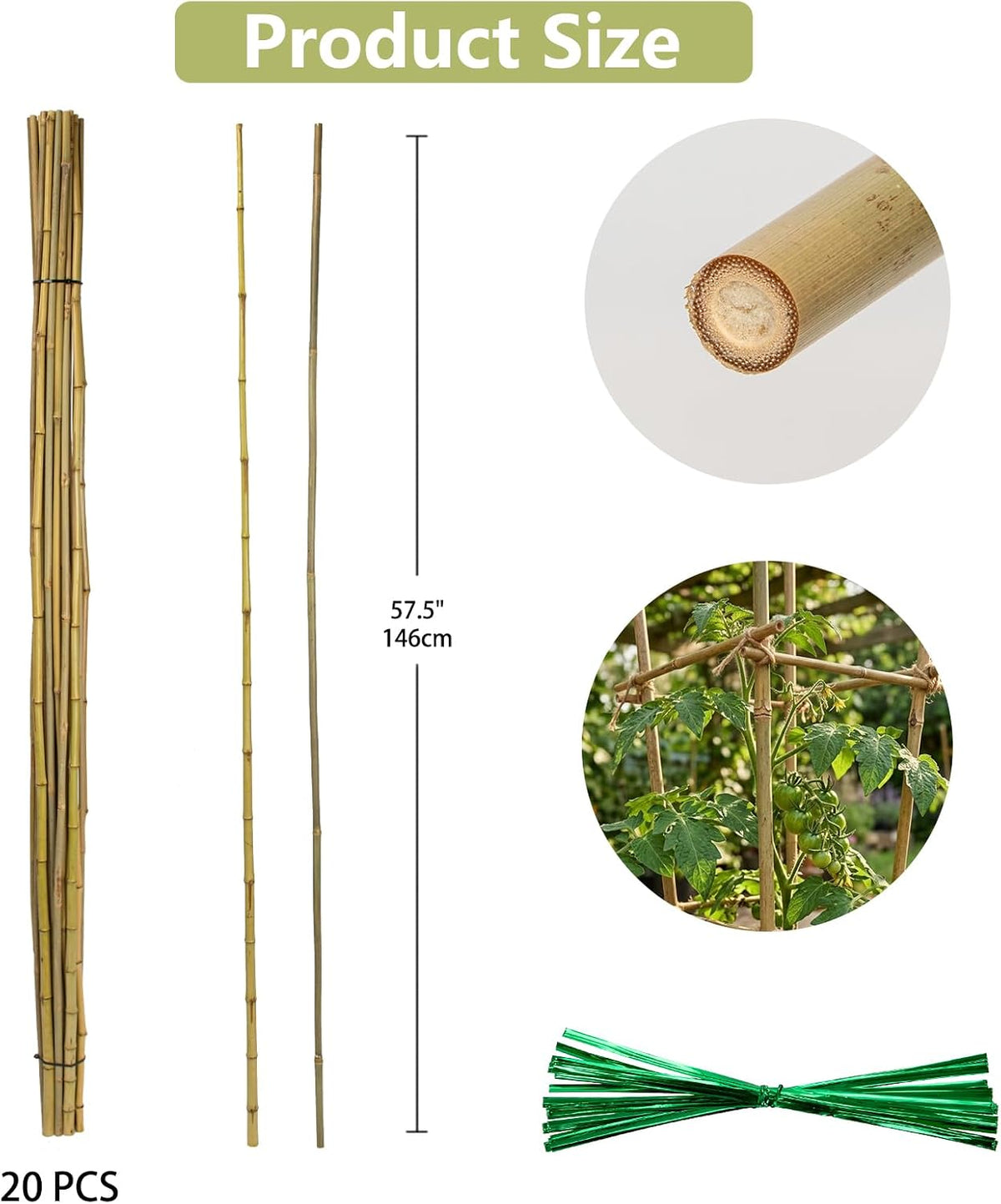 Plant Stakes Natural Bamboo Sticks - 25 Pcs Bamboo Garden Stakes for Plants 18 Inches Plant Support Sticks with Twist Ties for Tomatoes Beans Orchid Flowers Indoor Outdoor Potted Climbing Plants