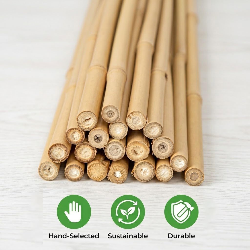 Plant Stakes Natural Bamboo Sticks - 25 Pcs Bamboo Garden Stakes for Plants 18 Inches Plant Support Sticks with Twist Ties for Tomatoes Beans Orchid Flowers Indoor Outdoor Potted Climbing Plants