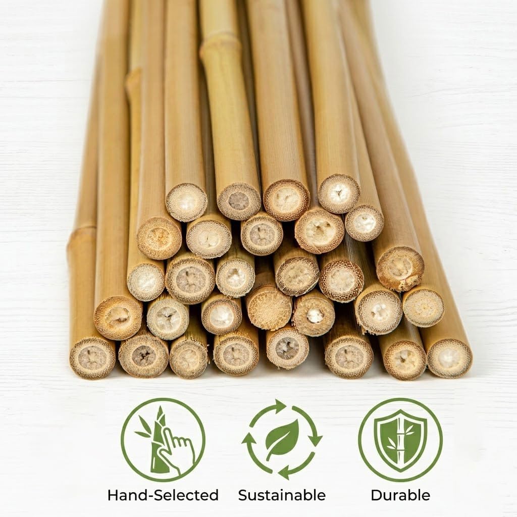 Plant Stakes Natural Bamboo Sticks - 25 Pcs Bamboo Garden Stakes for Plants 18 Inches Plant Support Sticks with Twist Ties for Tomatoes Beans Orchid Flowers Indoor Outdoor Potted Climbing Plants
