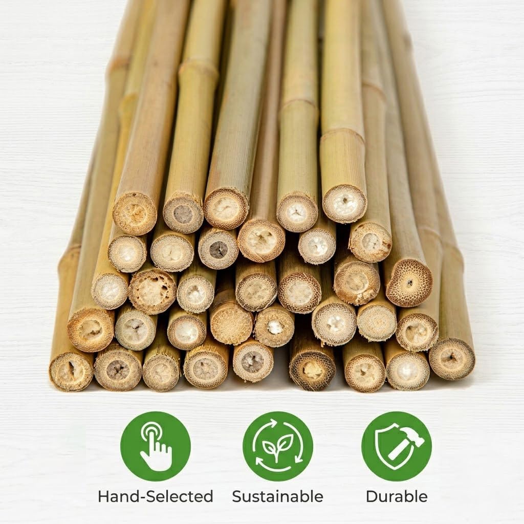 Plant Stakes Natural Bamboo Sticks - 25 Pcs Bamboo Garden Stakes for Plants 18 Inches Plant Support Sticks with Twist Ties for Tomatoes Beans Orchid Flowers Indoor Outdoor Potted Climbing Plants