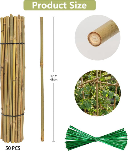 Plant Stakes Natural Bamboo Sticks - 25 Pcs Bamboo Garden Stakes for Plants 18 Inches Plant Support Sticks with Twist Ties for Tomatoes Beans Orchid Flowers Indoor Outdoor Potted Climbing Plants