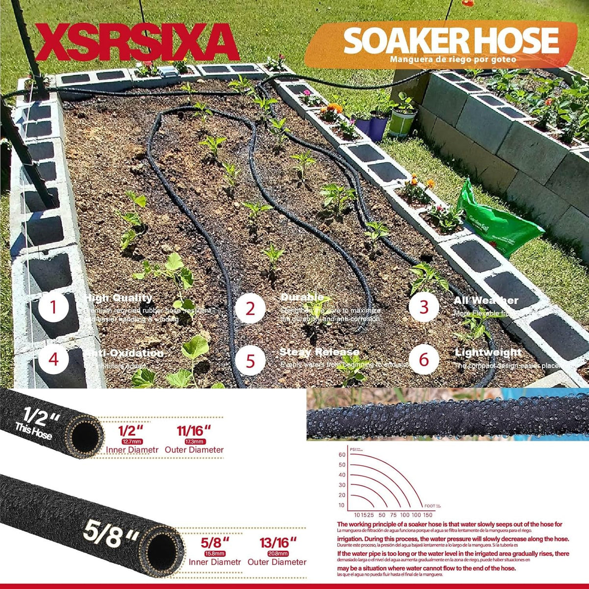 10FT 1/2" Heavy-Duty Soaker Hose with Solid Brass Connectors, Ultra-Flexible Even Water Flow