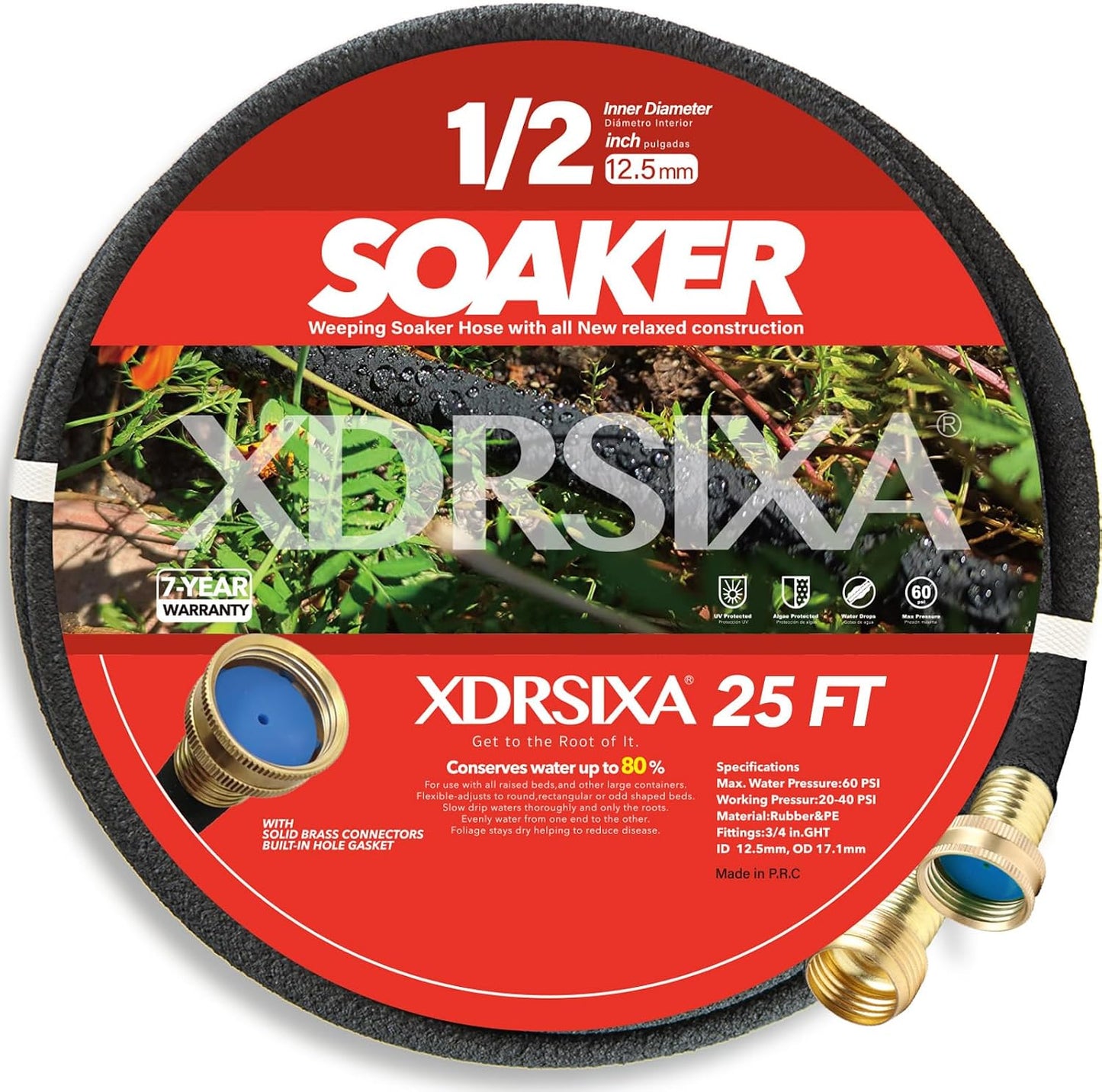 10FT 1/2" Heavy-Duty Soaker Hose with Solid Brass Connectors, Ultra-Flexible Even Water Flow