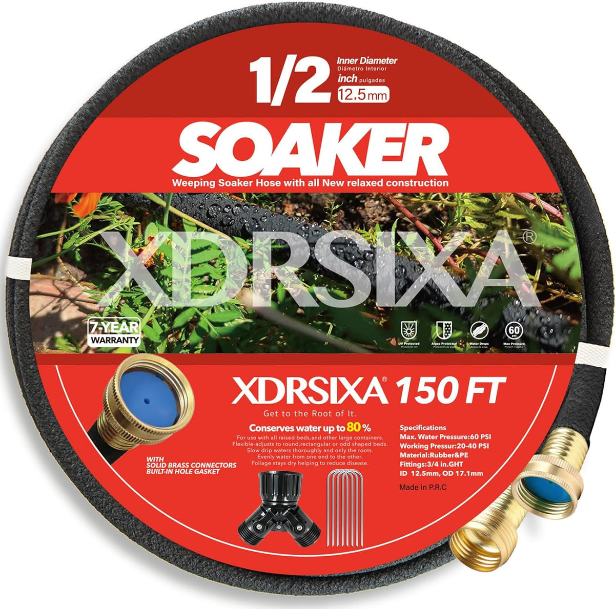 10FT 1/2" Heavy-Duty Soaker Hose with Solid Brass Connectors, Ultra-Flexible Even Water Flow