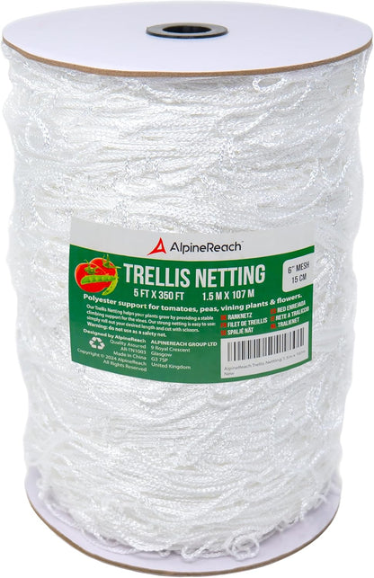 Trellis Netting 5 x 350 ft Heavy Duty Polyester White - 6 Inch Mesh Support Twine for Growing High Yield Tomatoes, Peas, Vine Climbing Plants Fruits Vegetables