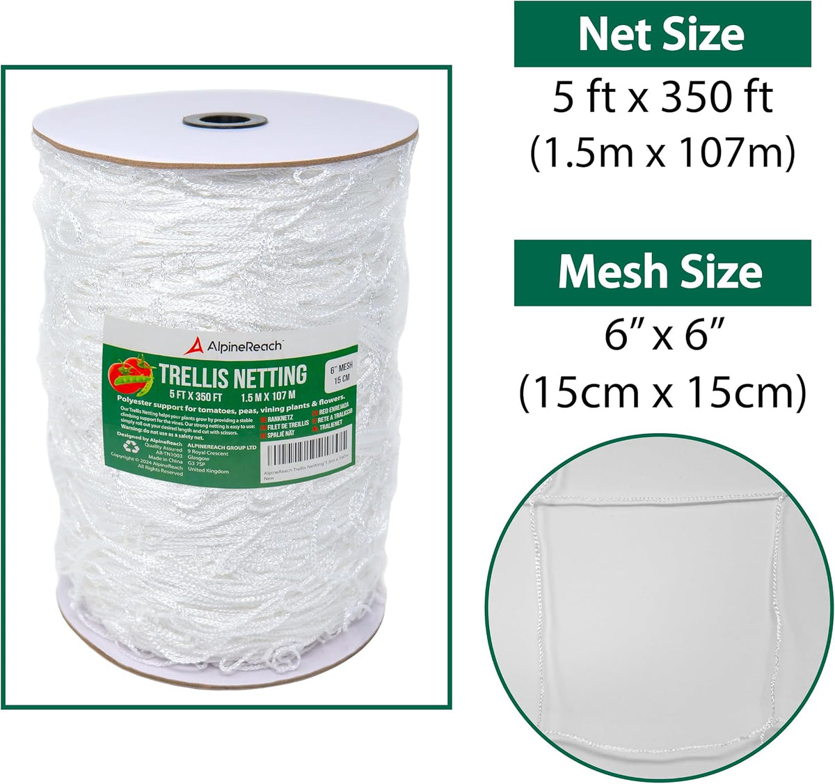 Trellis Netting 5 x 350 ft Heavy Duty Polyester White - 6 Inch Mesh Support Twine for Growing High Yield Tomatoes, Peas, Vine Climbing Plants Fruits Vegetables