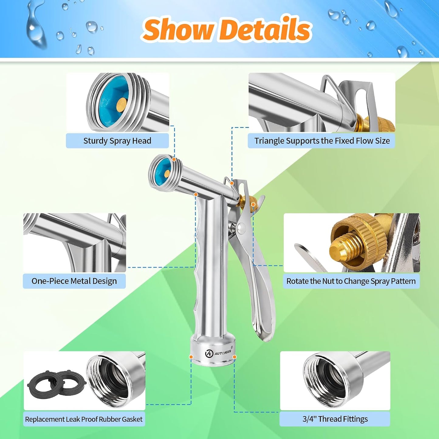 Full Size Garden Hose Nozzle 2 Pack, High Pressure Pistol Grip Water Nozzle Sprayer with Threaded Front, Adjustable Spray Water Flow for Washing Car, Cleaning Ground, Watering Plants
