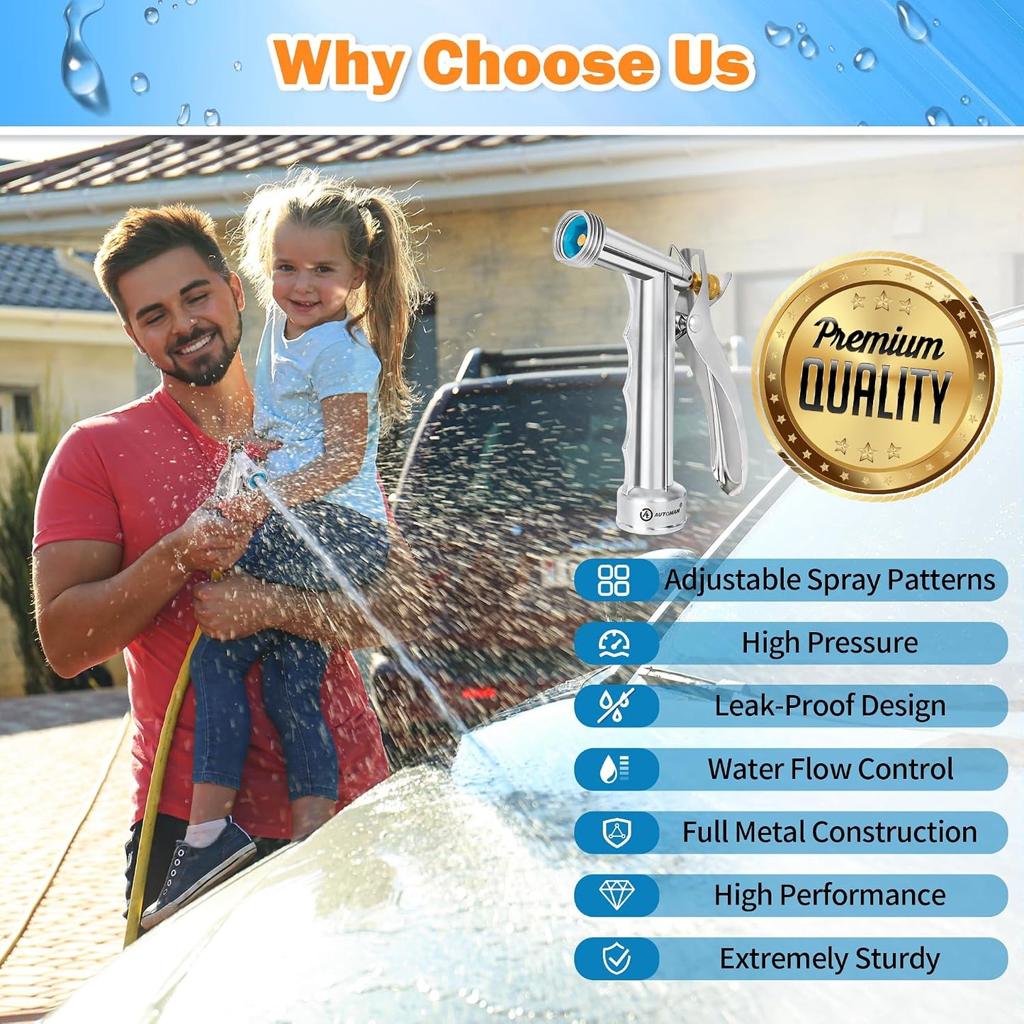 Full Size Garden Hose Nozzle 2 Pack, High Pressure Pistol Grip Water Nozzle Sprayer with Threaded Front, Adjustable Spray Water Flow for Washing Car, Cleaning Ground, Watering Plants