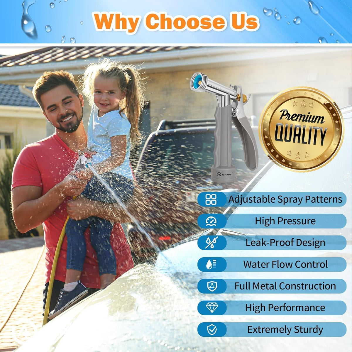 Full Size Garden Hose Nozzle 2 Pack, High Pressure Pistol Grip Water Nozzle Sprayer with Threaded Front, Adjustable Spray Water Flow for Washing Car, Cleaning Ground, Watering Plants