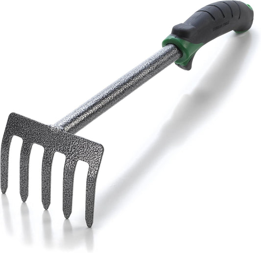Hand Cultivator Mini Rake - ErgoGrip with Bend Proof Carbon Steel Design - Hand Tool loosens Soil, rips Out Weeds, Hand Tiller Garden Tool - Rust Proof Heavy Duty Tines and Shaft