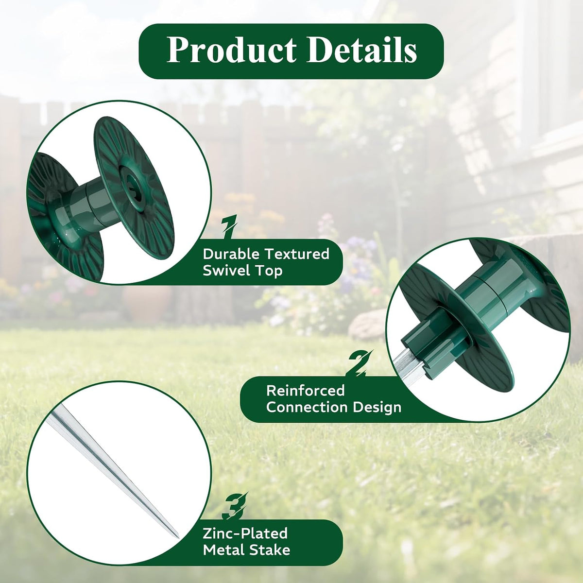10 Inch Garden Hose Guide Spike, Rust Free Zink Sturdy Metal Stake, Heavy Duty Dark Green Spin Top, Keeps Garden Hose Out of Flower beds, for Plant Protection Greenhouse, Yard Lawn, 2PCS