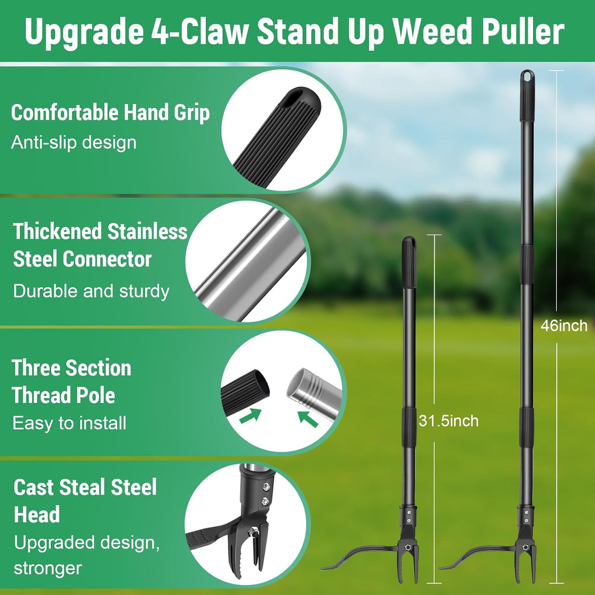 Stand Up Weed Puller Tool with 46″ Long Handle, Manual Weeder Tool