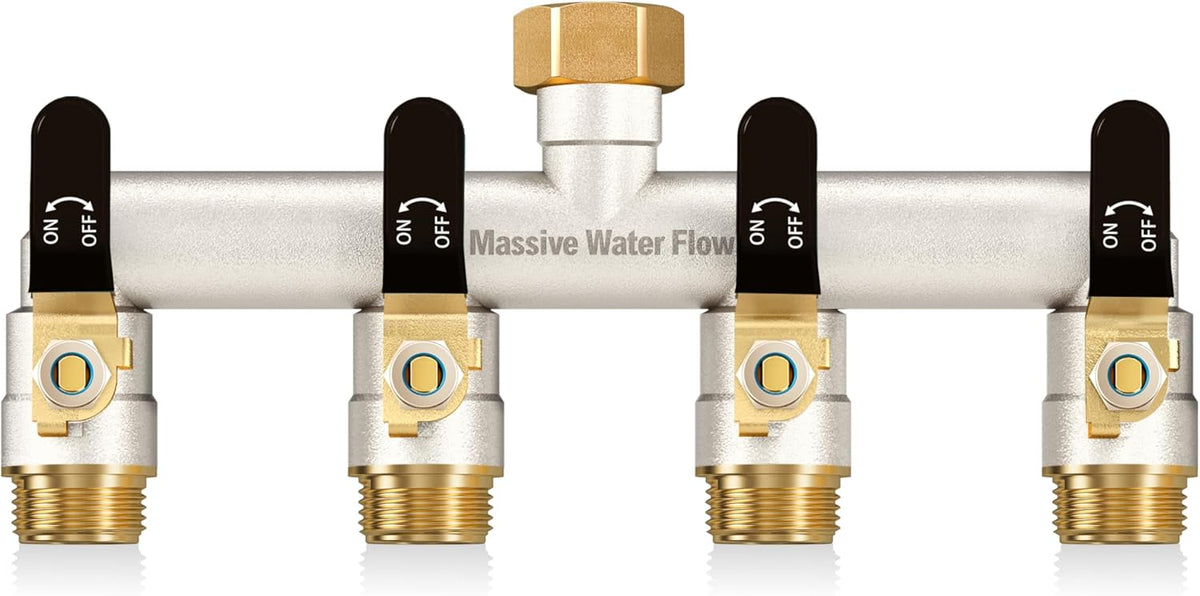 4 Way Hose Splitter Heavy Duty, Garden Hose Splitter with 4 Long Handle, Full Flow Brass Nickel Plated Water Hose T Spigot Splitter Adapter Connector, 3/4 - Inch GHT Thread (Black)