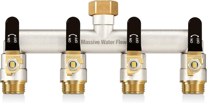 4 Way Hose Splitter Heavy Duty, Garden Hose Splitter with 4 Long Handle, Full Flow Brass Nickel Plated Water Hose T Spigot Splitter Adapter Connector, 3/4 - Inch GHT Thread (Black)