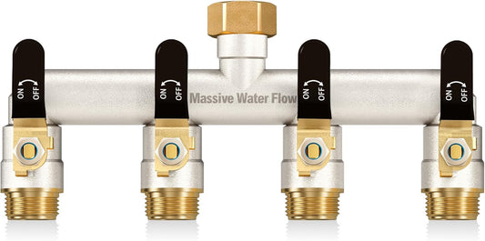 4 Way Hose Splitter Heavy Duty, Garden Hose Splitter with 4 Long Handle, Full Flow Brass Nickel Plated Water Hose T Spigot Splitter Adapter Connector, 3/4 - Inch GHT Thread (Black)