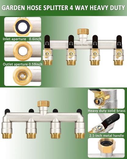 4 Way Hose Splitter Heavy Duty, Garden Hose Splitter with 4 Long Handle, Full Flow Brass Nickel Plated Water Hose T Spigot Splitter Adapter Connector, 3/4 - Inch GHT Thread (Black)