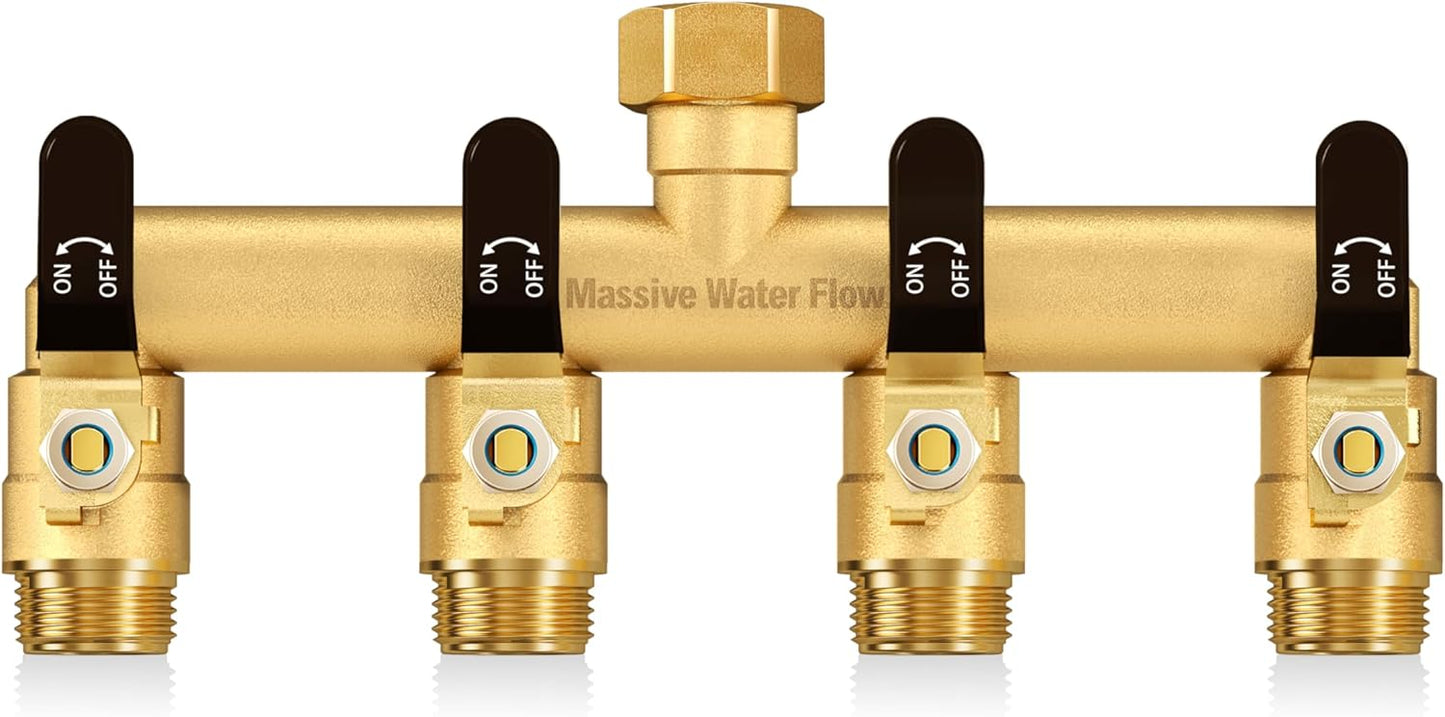 4 Way Hose Splitter Heavy Duty, Garden Hose Splitter with 4 Long Handle, Full Flow Brass Nickel Plated Water Hose T Spigot Splitter Adapter Connector, 3/4 - Inch GHT Thread (Black)