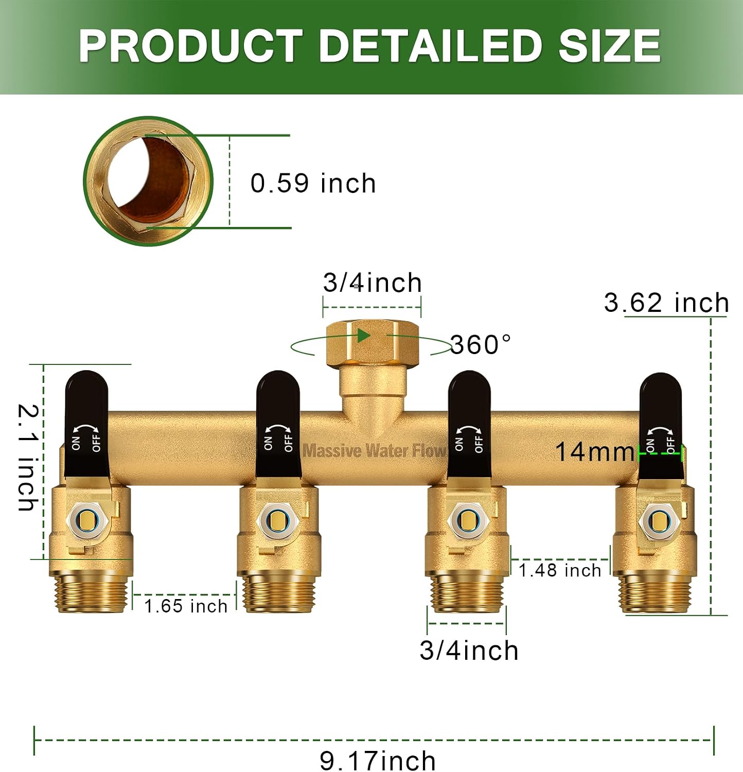 4 Way Hose Splitter Heavy Duty, Garden Hose Splitter with 4 Long Handle, Full Flow Brass Nickel Plated Water Hose T Spigot Splitter Adapter Connector, 3/4 - Inch GHT Thread (Black)
