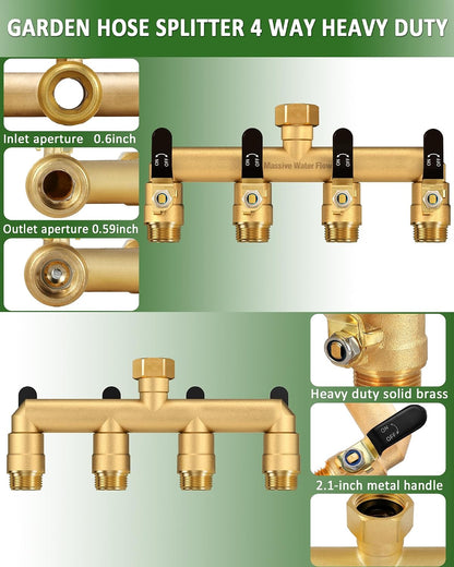 4 Way Hose Splitter Heavy Duty, Garden Hose Splitter with 4 Long Handle, Full Flow Brass Nickel Plated Water Hose T Spigot Splitter Adapter Connector, 3/4 - Inch GHT Thread (Black)
