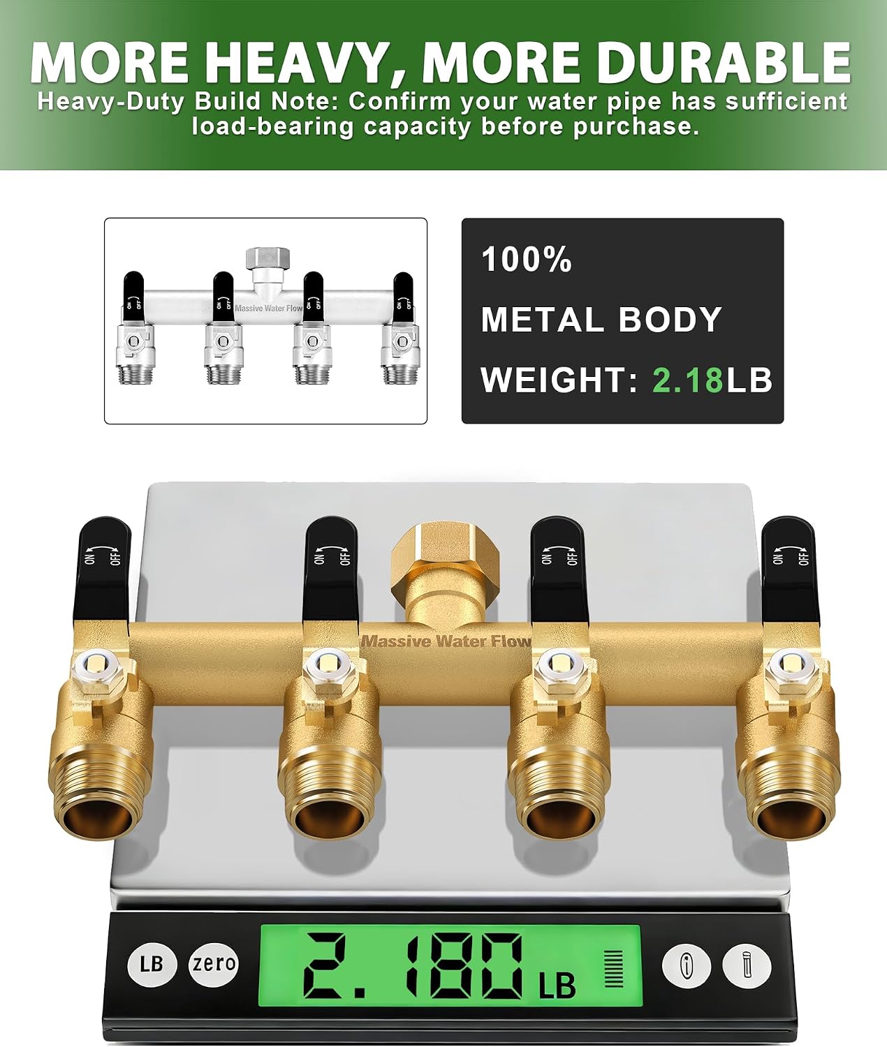 4 Way Hose Splitter Heavy Duty, Garden Hose Splitter with 4 Long Handle, Full Flow Brass Nickel Plated Water Hose T Spigot Splitter Adapter Connector, 3/4 - Inch GHT Thread (Black)