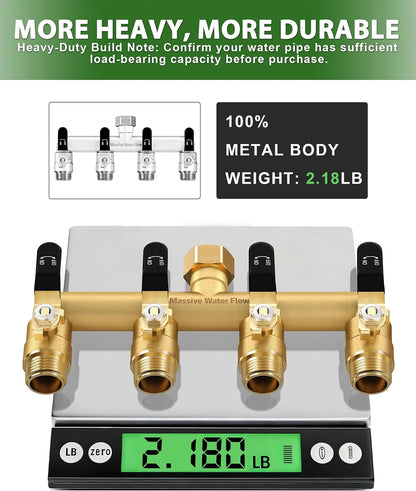 4 Way Hose Splitter Heavy Duty, Garden Hose Splitter with 4 Long Handle, Full Flow Brass Nickel Plated Water Hose T Spigot Splitter Adapter Connector, 3/4 - Inch GHT Thread (Black)