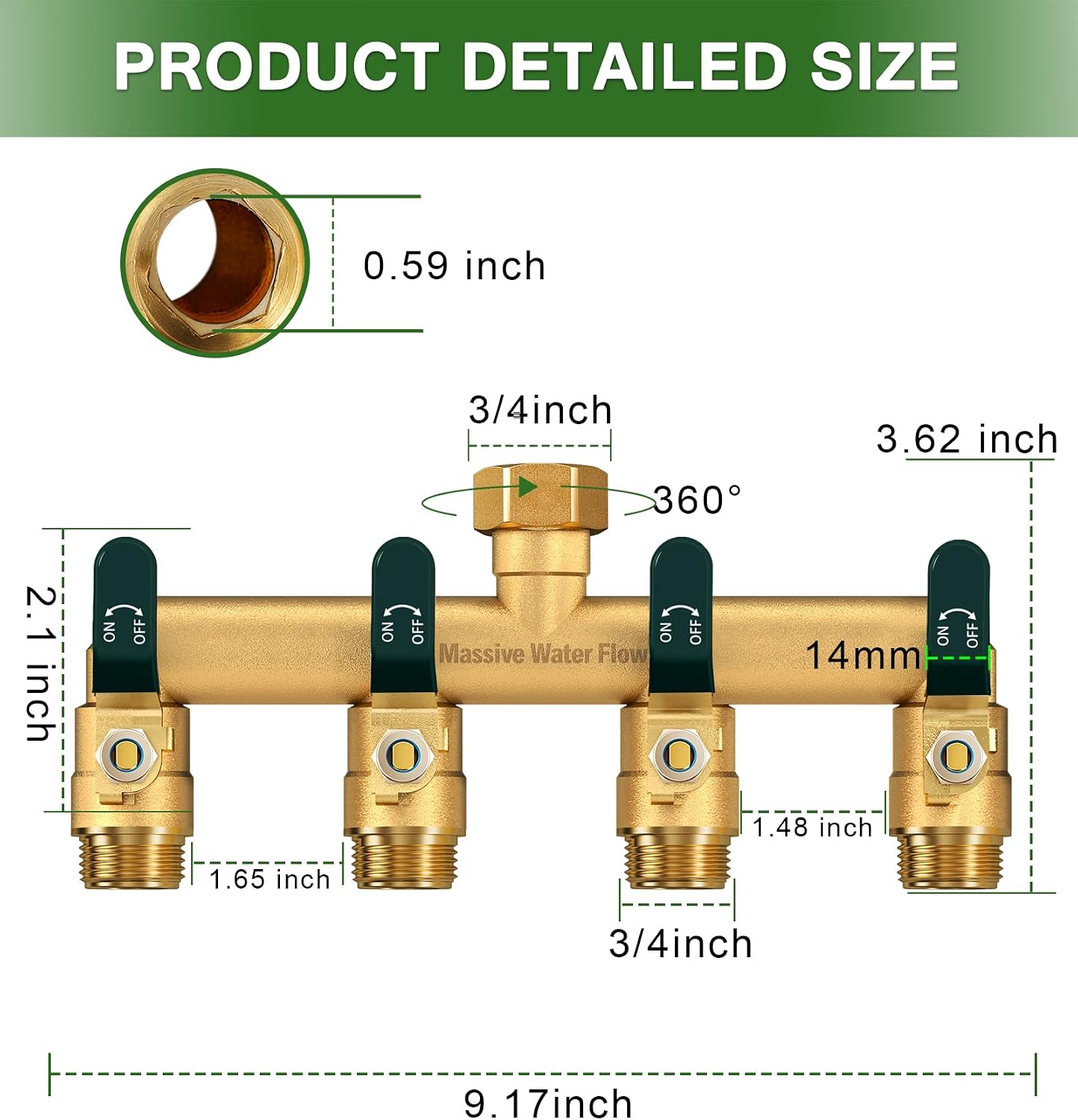 4 Way Hose Splitter Heavy Duty, Garden Hose Splitter with 4 Long Handle, Full Flow Brass Nickel Plated Water Hose T Spigot Splitter Adapter Connector, 3/4 - Inch GHT Thread (Black)