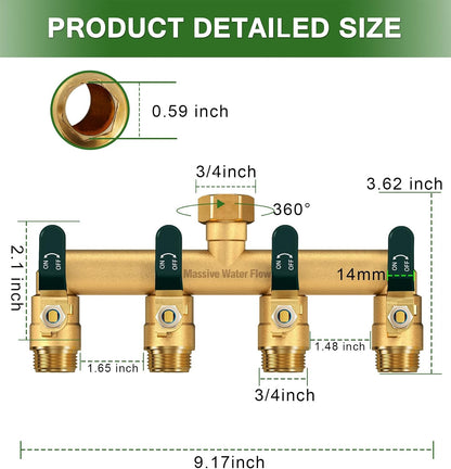4 Way Hose Splitter Heavy Duty, Garden Hose Splitter with 4 Long Handle, Full Flow Brass Nickel Plated Water Hose T Spigot Splitter Adapter Connector, 3/4 - Inch GHT Thread (Black)